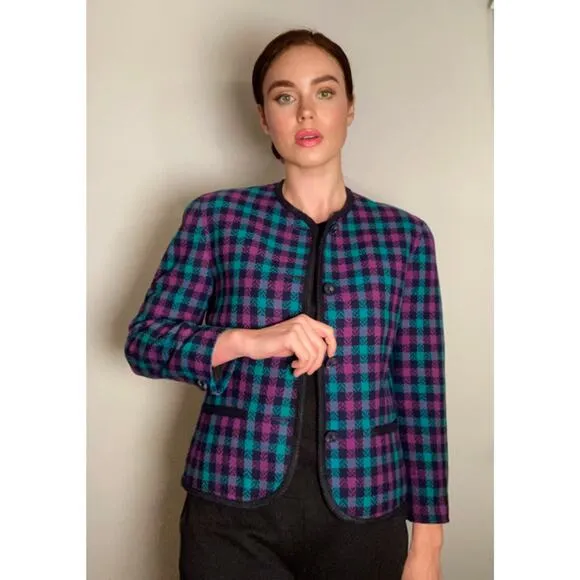 Pendleton Vintage 80s 90s 100% Wool Check Plaid Blazer Evening Jacket ~ Sz 8