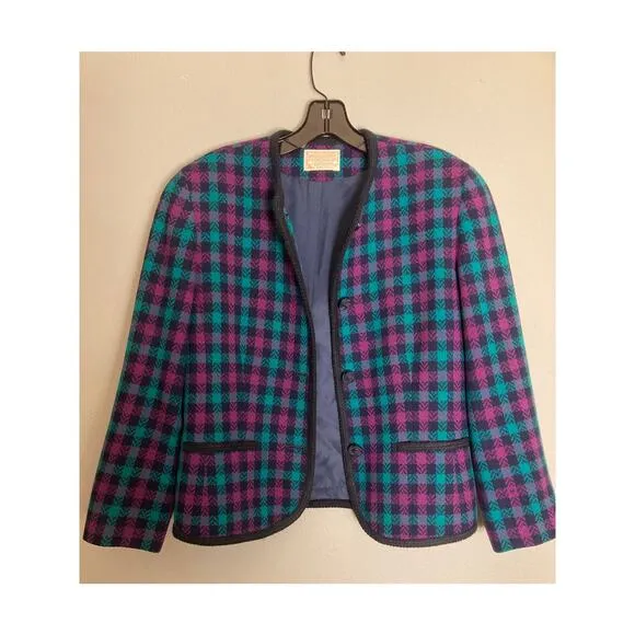 Pendleton Vintage 80s 90s 100% Wool Check Plaid Blazer Evening Jacket ~ Sz 8
