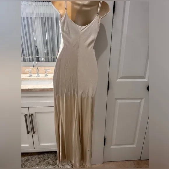 Pharaoh Beige Satin Slip Dress with Frayed Trim, Size P/XS
