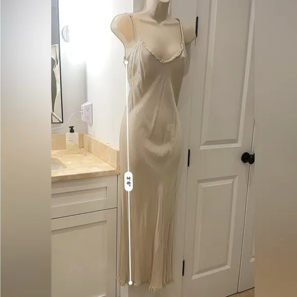 Pharaoh Beige Satin Slip Dress with Frayed Trim, Size P/XS