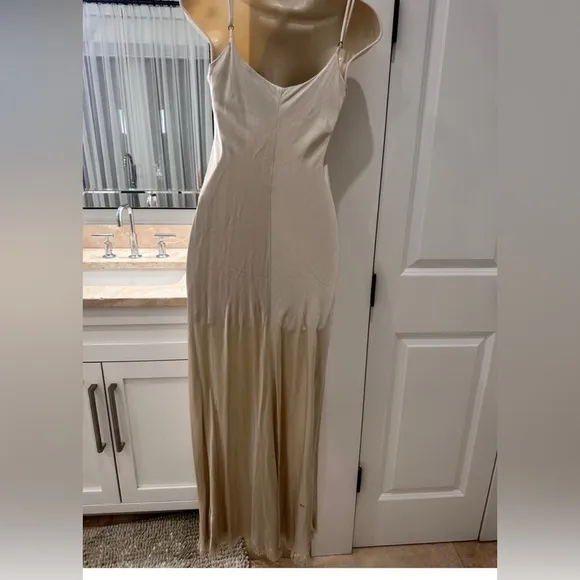 Pharaoh Beige Satin Slip Dress with Frayed Trim, Size P/XS