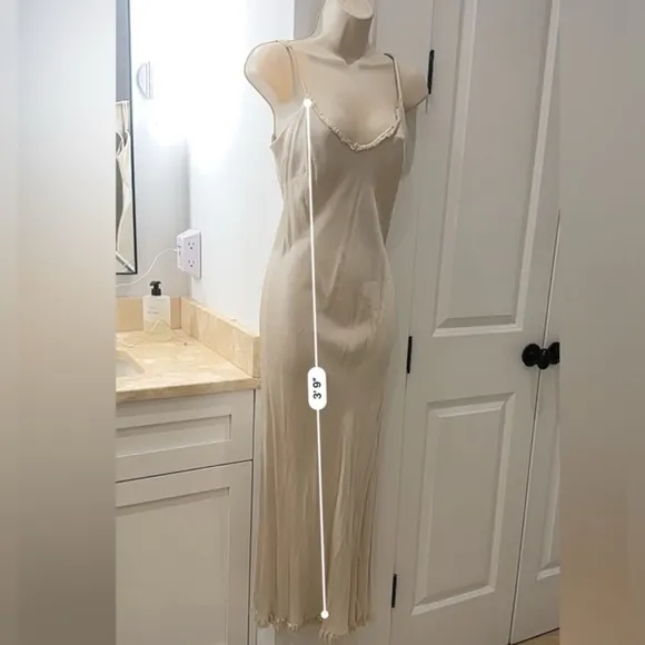 Pharaoh Beige Satin Slip Dress with Frayed Trim, Size P/XS