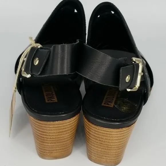 Pikolinos Black Leather Cut Out Wedge Sandals 41 New