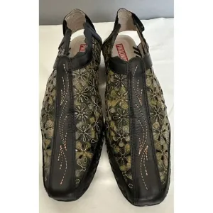 Pikolinos Romana Slingback Leather Floral Sandals Black Green EU 38/ US 7.5-8