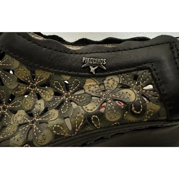 Pikolinos Romana Slingback Leather Floral Sandals Black Green EU 38/ US 7.5-8