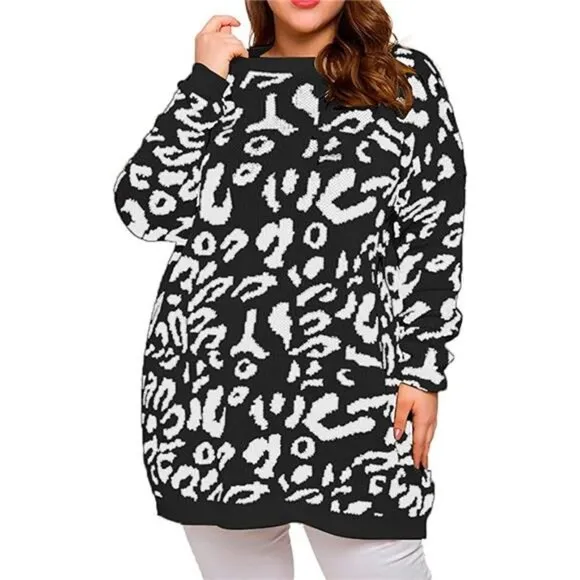 Plus Size Pullover Sweaters Long Sleeve Leopard Print Knitted Crew Neck Top