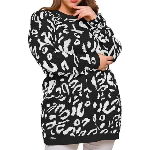 Plus Size Pullover Sweaters Long Sleeve Leopard Print Knitted Crew Neck Top