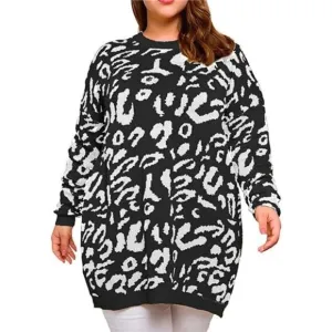 Plus Size Pullover Sweaters Long Sleeve Leopard Print Knitted Crew Neck Top