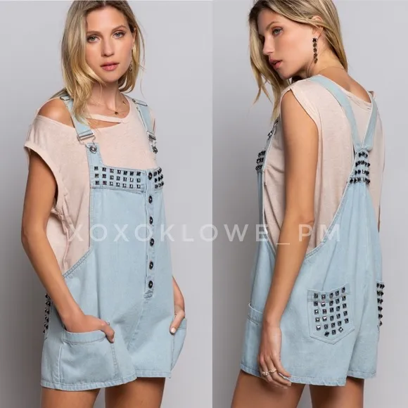 POL Studded Button Front Denim Shortalls
