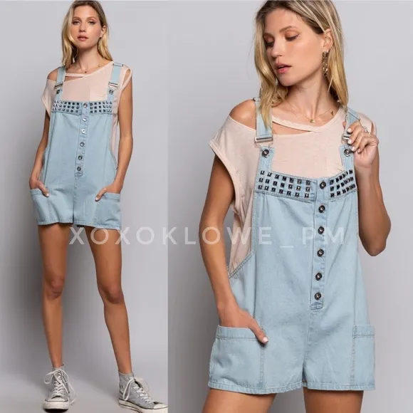 POL Studded Button Front Denim Shortalls