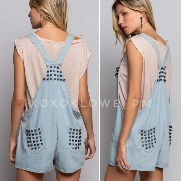 POL Studded Button Front Denim Shortalls