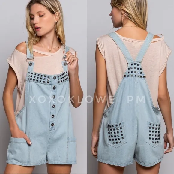POL Studded Button Front Denim Shortalls