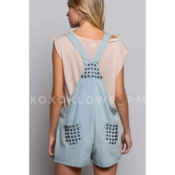POL Studded Button Front Denim Shortalls