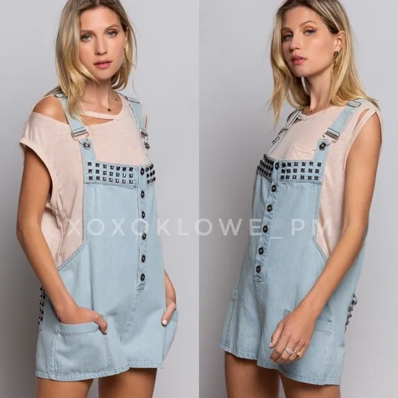 POL Studded Button Front Denim Shortalls