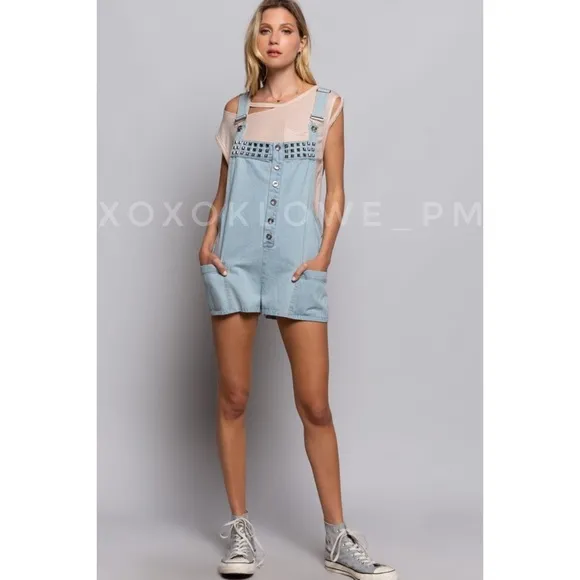 POL Studded Button Front Loose Fit Light Denim Shortalls
