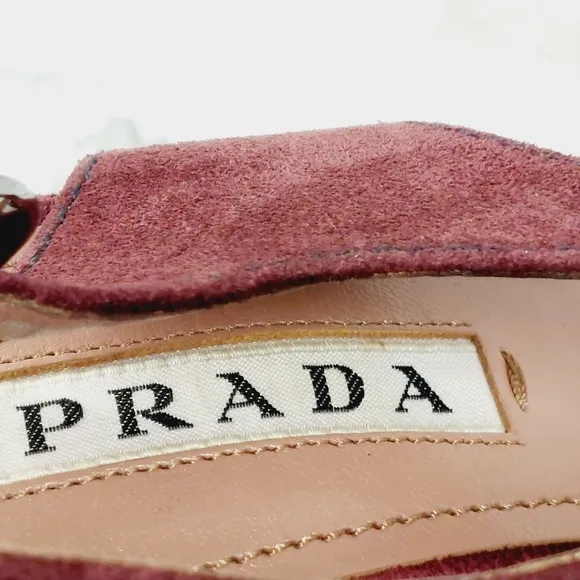 Prada Burgundy Red Suede Buckle Slingback High Heeled Sandals O97