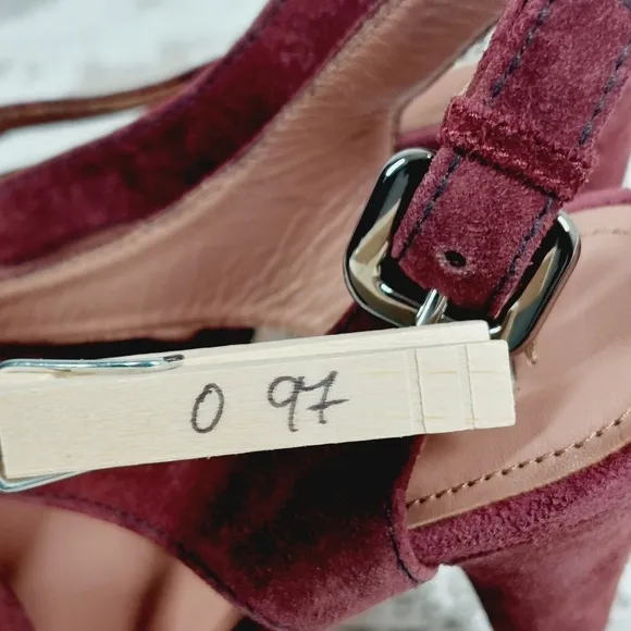 Prada Burgundy Red Suede Buckle Slingback High Heeled Sandals O97