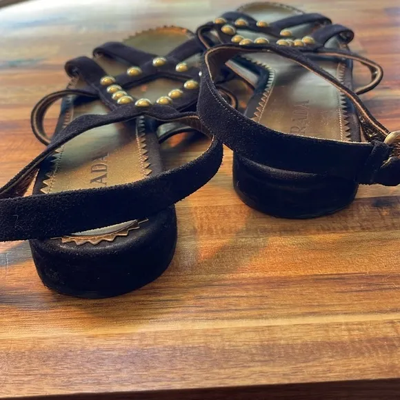 Prada Calzatura Donna Black Suede Gold Tone Studded Accent Sandals. P73/A245M