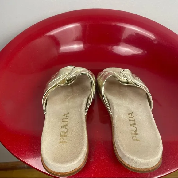 PRADA Metallic Twist Slide Sandals Gold Slip On 37.5 US 7 Leather Beach Vacation