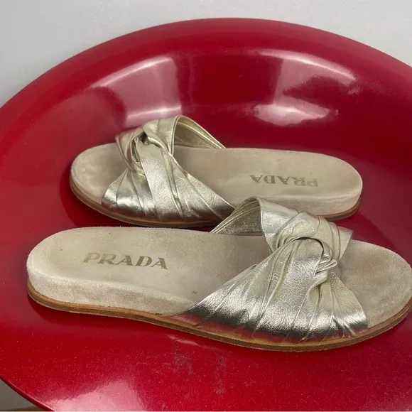 PRADA Metallic Twist Slide Sandals Gold Slip On 37.5 US 7 Leather Beach Vacation