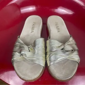 PRADA Metallic Twist Slide Sandals Gold Slip On 37.5 US 7 Leather Beach Vacation