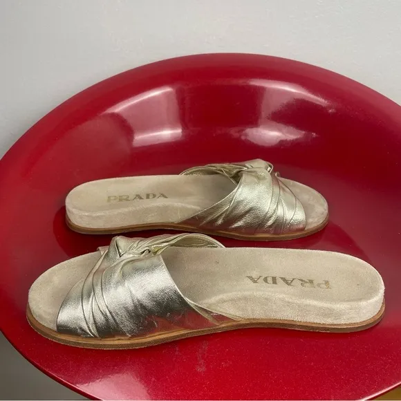 PRADA Metallic Twist Slide Sandals Gold Slip On 37.5 US 7 Leather Beach Vacation