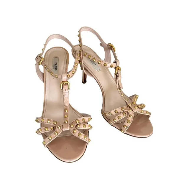 PRADA Studded Patent Sandals Leather T Strap Nude Heels Made in Italy Women’s