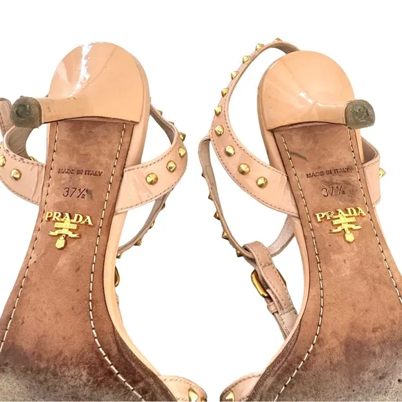 PRADA Studded Patent Sandals Leather T Strap Nude Heels Made in Italy Women’s