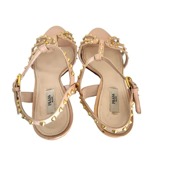 PRADA Studded Patent Sandals Leather T Strap Nude Heels Made in Italy Women’s