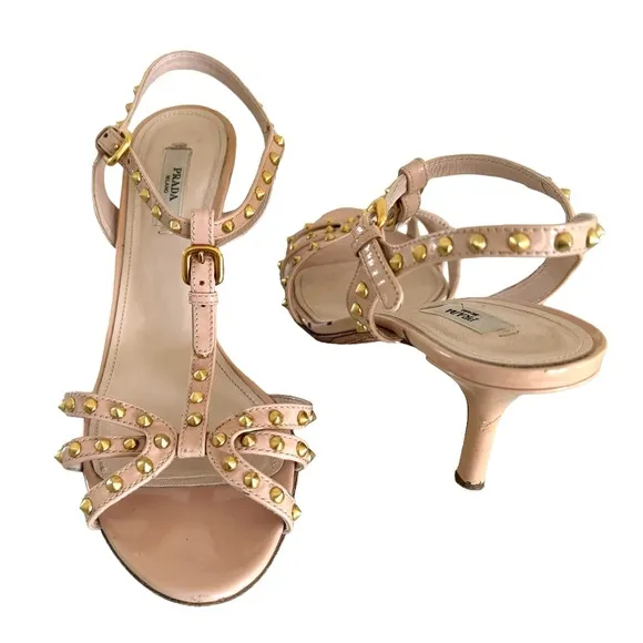 PRADA Studded Patent Sandals Leather T Strap Nude Heels Made in Italy Women’s