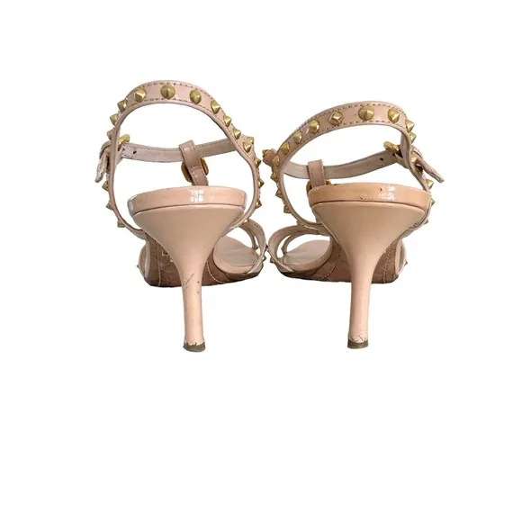 PRADA Studded Patent Sandals Leather T Strap Nude Heels Made in Italy Women’s