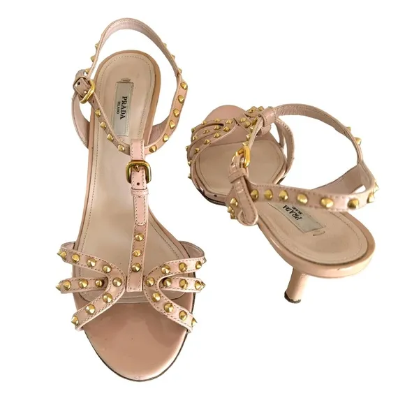 PRADA Studded Patent Sandals Leather T Strap Nude Heels Made in Italy Women’s