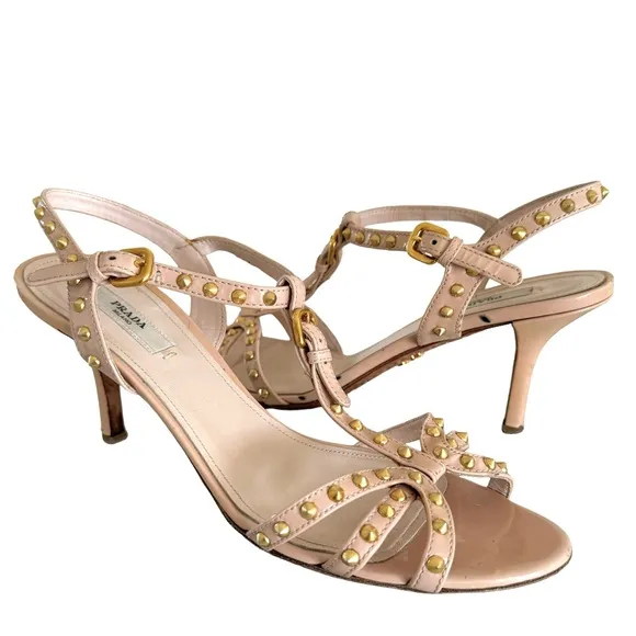 PRADA Studded Patent Sandals Leather T Strap Nude Heels Made in Italy Women’s