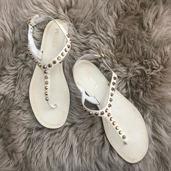Pre-loved Prada Sandals White w/ Gold Studs Sz. 38