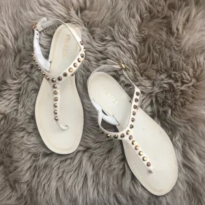 Pre-loved Prada Sandals White w/ Gold Studs Sz. 38