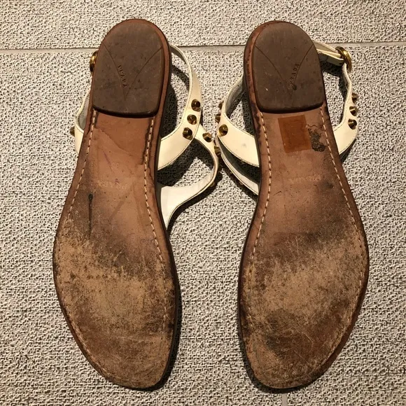 Pre-loved Prada Sandals White w/ Gold Studs Sz. 38