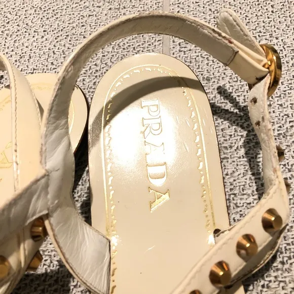 Pre-loved Prada Sandals White w/ Gold Studs Sz. 38