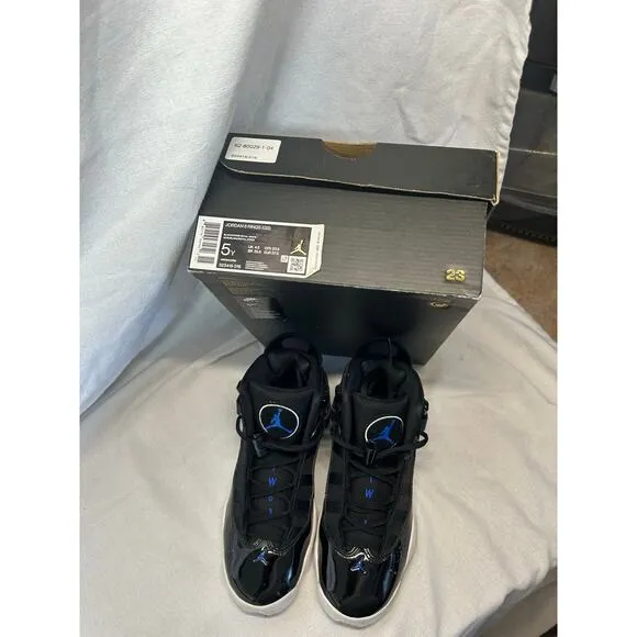 Pre-Owned Jordan 6 Rings GS Black Blue Basketball Sneakers Lace Up Size 5 Youth