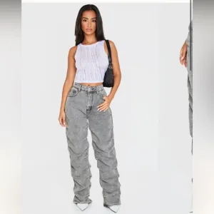 Pretty Little Thing Washed Grey Ruched Straight Leg Denim