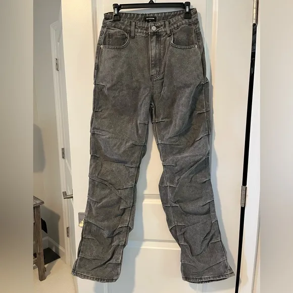 Pretty Little Thing Washed Grey Ruched Straight Leg Denim