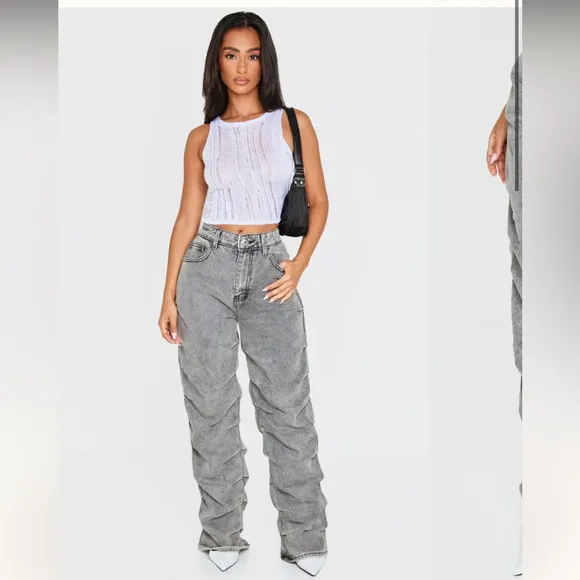 Pretty Little Thing Washed Grey Ruched Straight Leg Denim