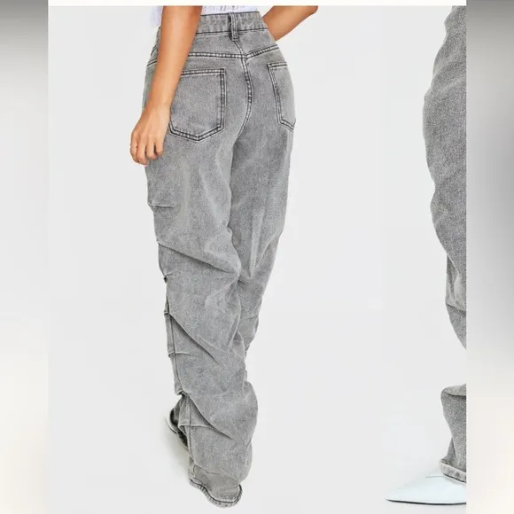 Pretty Little Thing Washed Grey Ruched Straight Leg Denim