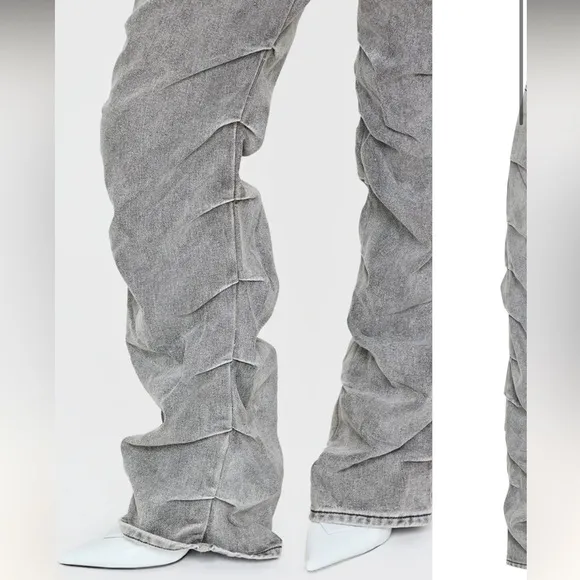 Pretty Little Thing Washed Grey Ruched Straight Leg Denim