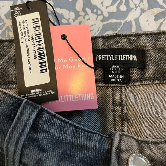 Pretty Little Thing Washed Grey Ruched Straight Leg Denim