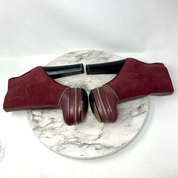 Rachel Zoe Zip Detail Maroon Leather Platform Chunky Booties 7 Statement Classic