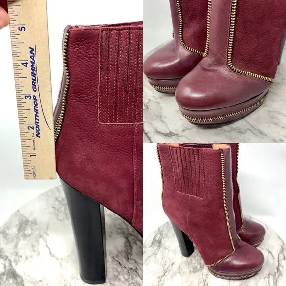 Rachel Zoe Zip Detail Maroon Leather Platform Chunky Booties 7 Statement Classic