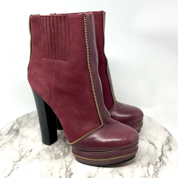 Rachel Zoe Zip Detail Maroon Leather Platform Chunky Booties 7 Statement Classic