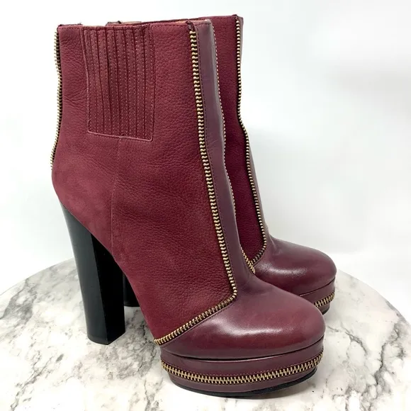 Rachel Zoe Zip Detail Maroon Leather Platform Chunky Booties 7 Statement Classic