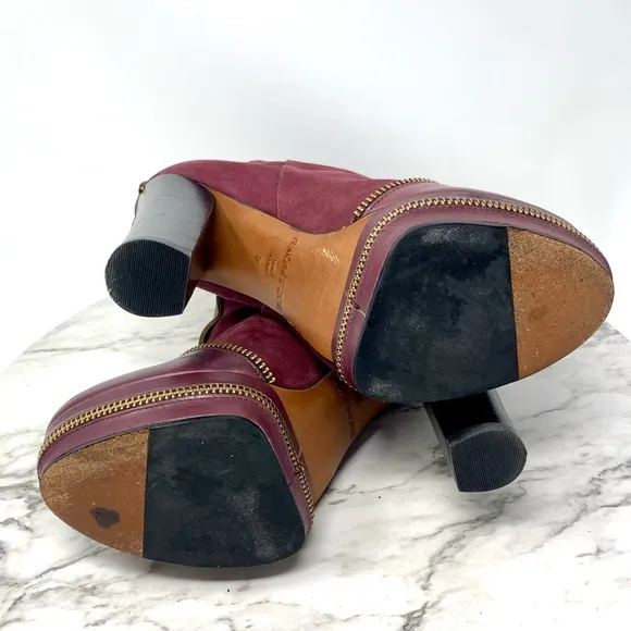 Rachel Zoe Zip Detail Maroon Leather Platform Chunky Booties 7 Statement Classic
