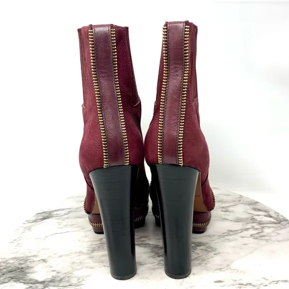 Rachel Zoe Zip Detail Maroon Leather Platform Chunky Booties 7 Statement Classic